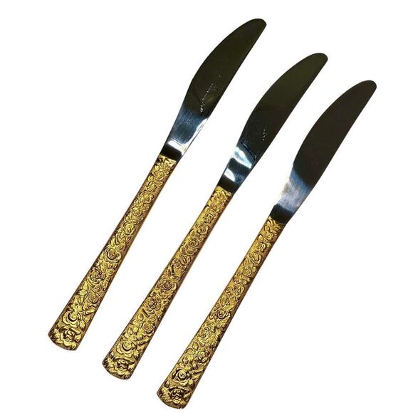 Cellini Romanesque Gold Electroplate Silverware Cutlery 3 Knives by Japan - Picture 1 of 5